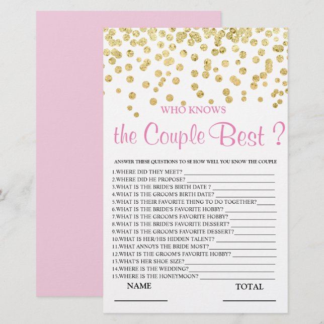 Who knows Couple best Pink Gold Bridal Game (Front/Back)