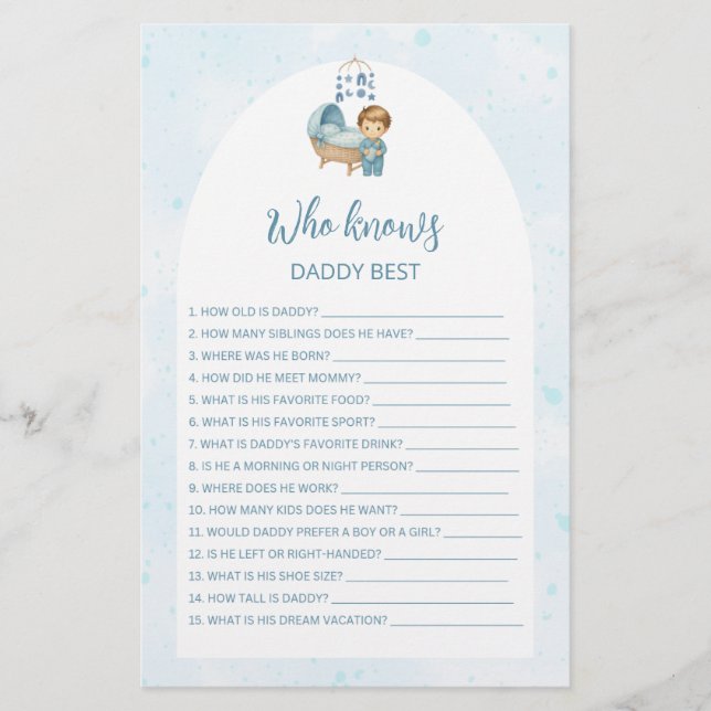 Who knows Daddy best Cute Blue Baby Shower Game  (Front)