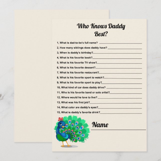 Who Knows Daddy Best Peacock Baby Shower Game Card (Front/Back)