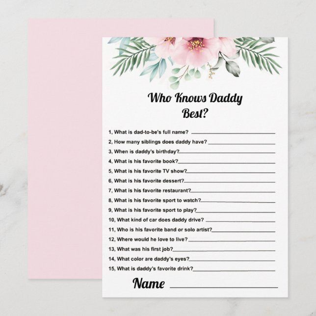 Who Knows Daddy Best Pink Baby Shower Game Card (Front/Back)