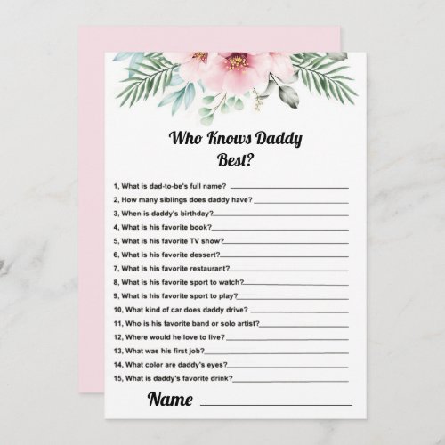 Who Knows Daddy Best Pink Baby Shower Game Card