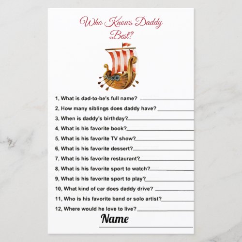 Who Knows Daddy Best Vikings Baby Shower Game Card