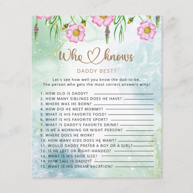 Who knows daddy best wildflower baby shower game (Front)