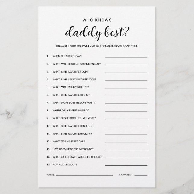 Who Knows Daddy Budget Friendly Baby Shower Game Flyer (Front)