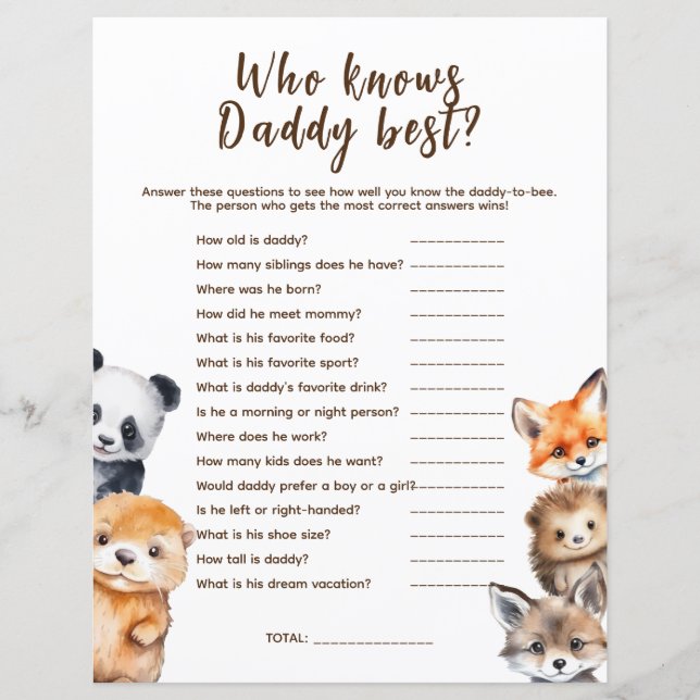 Who knows Daddy Woodland Animals Baby Shower Game (Front)