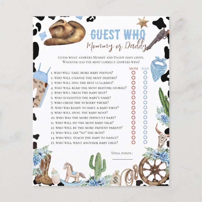 Who Knows Little Cowboy Western Baby Shower Game (Front)