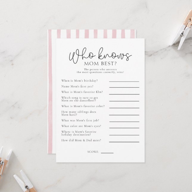 Who Knows Mom Best Baby Shower Game Card (Front/Back In Situ)