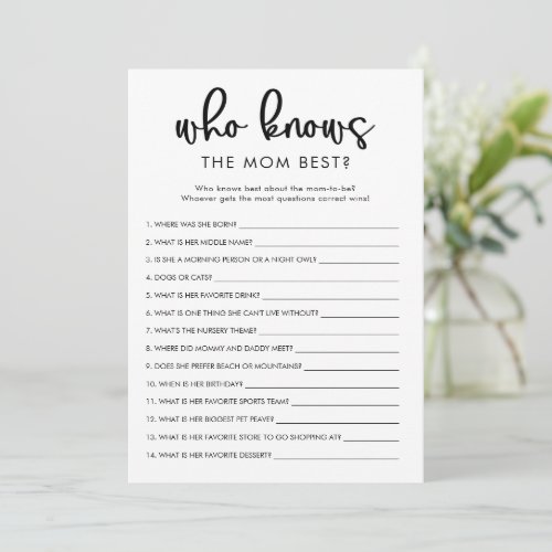 Who knows mom mommy best baby shower game invitation