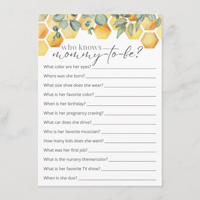 Who Knows Mommy Bee Baby Shower Game Enclosure Card (Front)