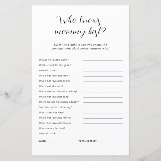 Who Knows Mommy Best Baby Shower Game (Front)