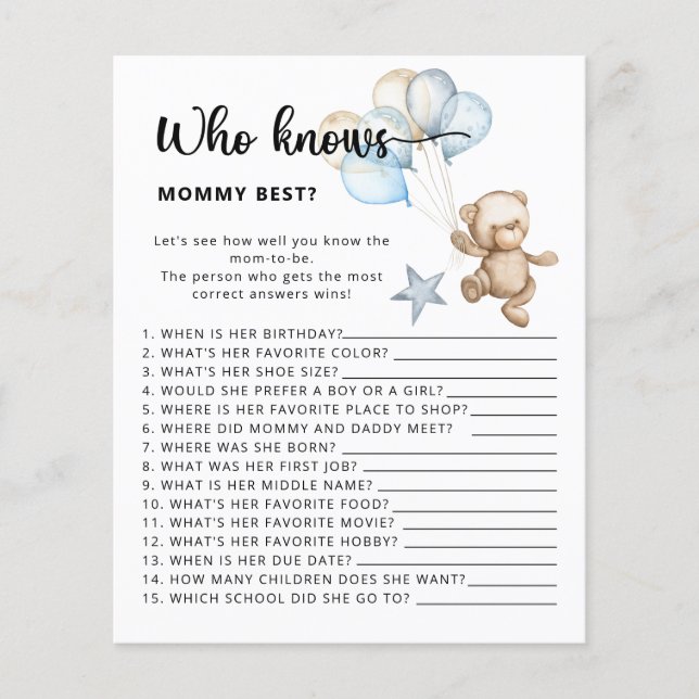 Who knows mommy best baby shower game (Front)