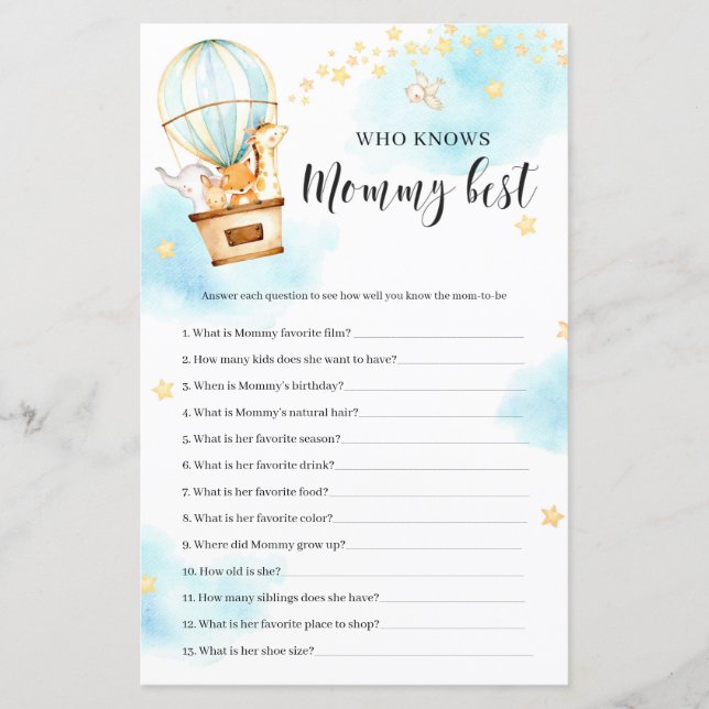 Who knows mommy best Baby Shower game (Front)