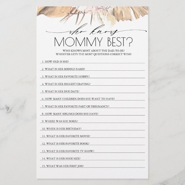 Who Knows Mommy Best Baby Shower Game (Front)