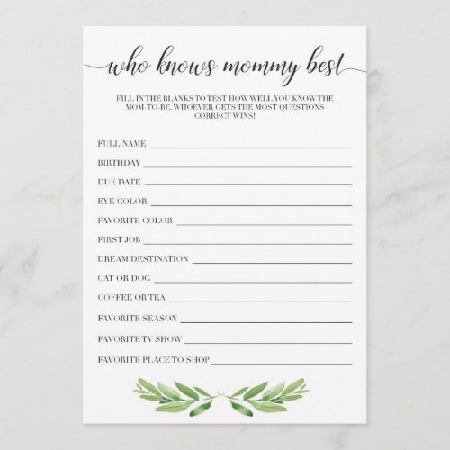 Who Knows Mommy Best Baby Shower Game Cards