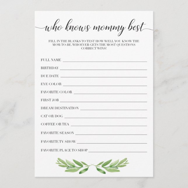Who Knows Mommy Best Baby Shower Game Cards (Front)
