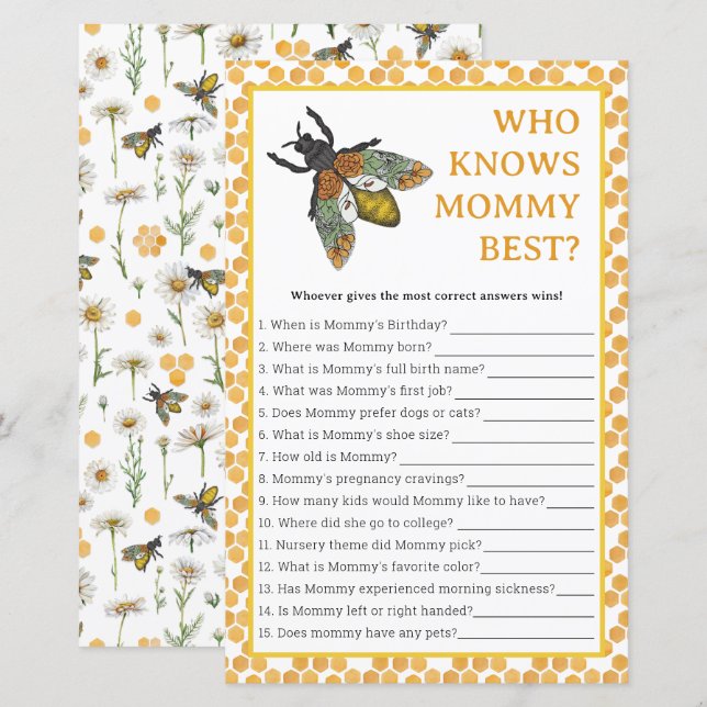 Who Knows Mommy Best Baby Shower Game | Honey Bee  (Front/Back)