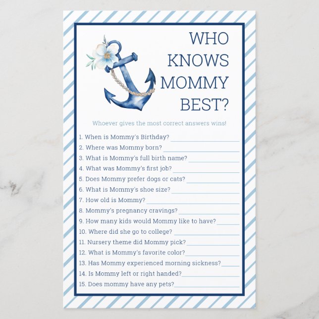 Who Knows Mommy Best Baby Shower Game | Nautical B (Front)