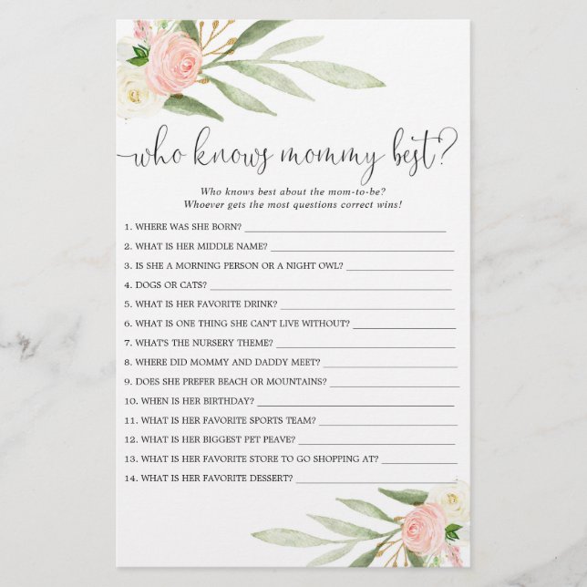 Who knows mommy best baby shower game pink gold (Front)