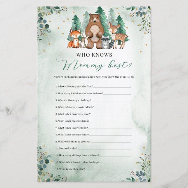 Who knows mommy best Baby Shower game woodland (Front)