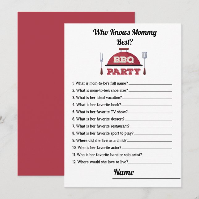 Who Knows Mommy Best BBQ Baby Shower Game Card (Front/Back)