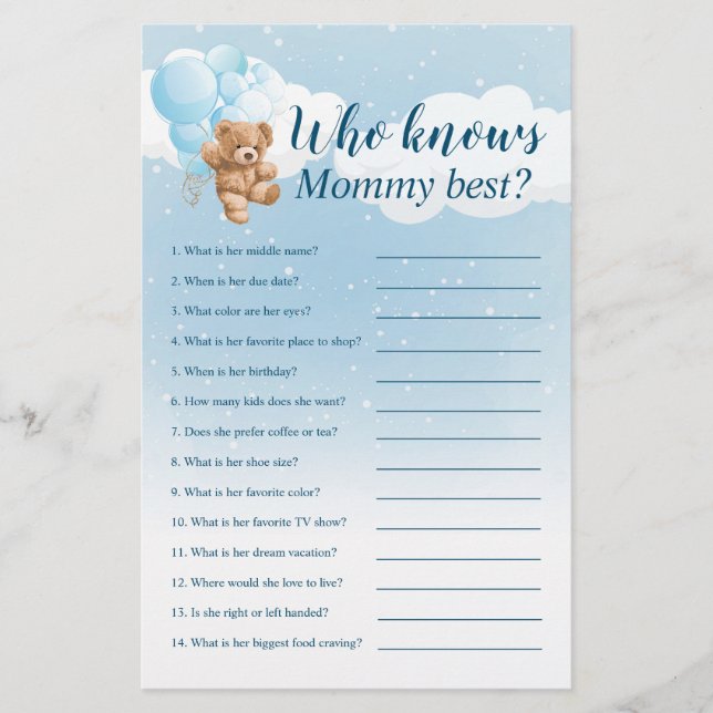  Who Knows Mommy Best Blue Teddy Bear Game Flyer (Front)