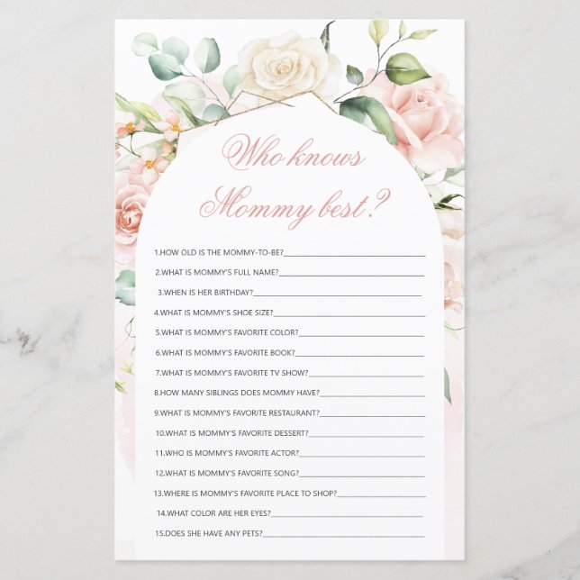 Who knows Mommy best Blush Baby Shower Game (Front)