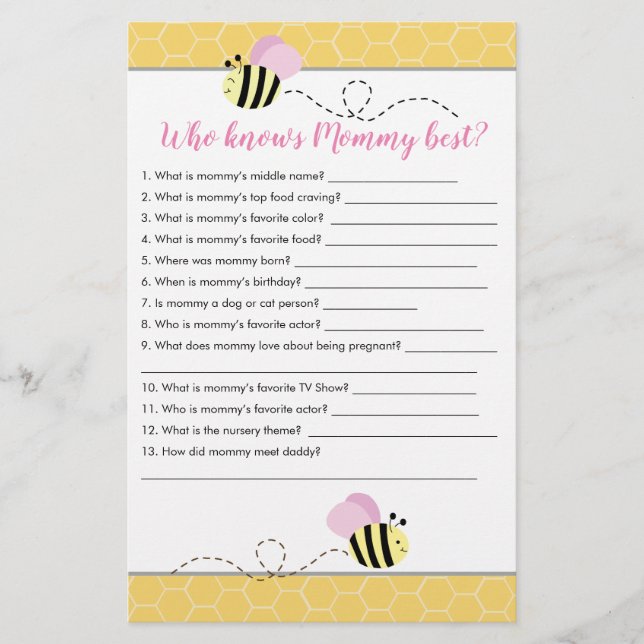Who knows Mommy Best Bumble Bee Baby Shower Game (Front)