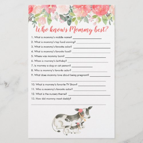 Who knows Mommy Best Cow Farm Baby Shower Game