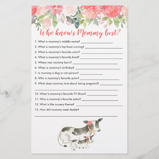 Who knows Mommy Best Cow Farm Baby Shower Game (Front)