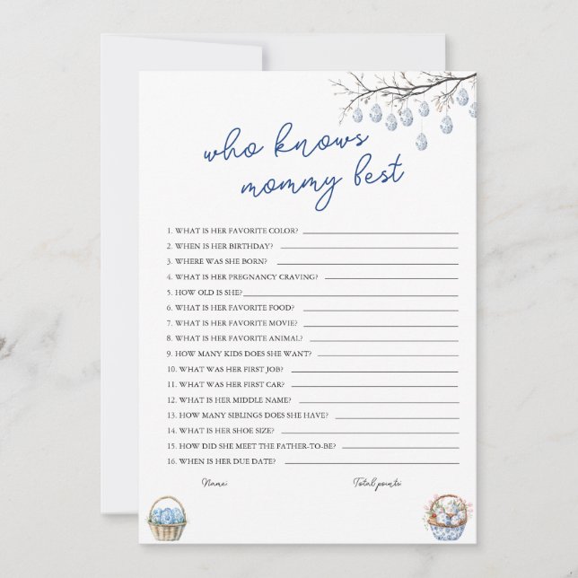 Who Knows Mommy Best Easter Baby Shower Game Card (Front)