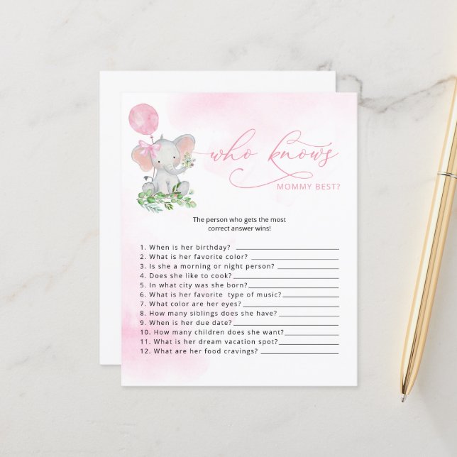 Who Knows Mommy Best Elephant Baby Shower Game (Front/Back In Situ)