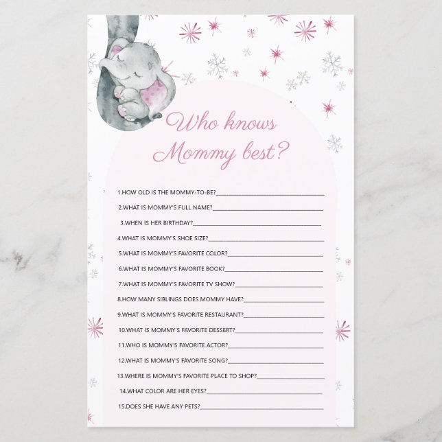 Who knows Mommy best Elephant Baby Shower Game (Front)