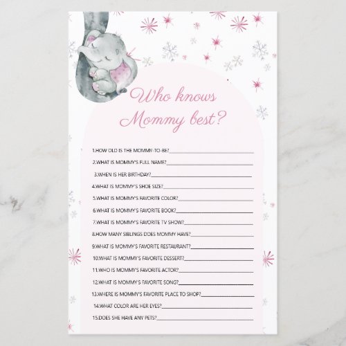 Who knows Mommy best Elephant Baby Shower Game - Who knows Mommy best Elephant Pink Baby Shower Game
Elephant Girl Pink Winter Baby Shower Game,
Baby It's Cold Outside Themed Baby Shower. 
Pink Snowflake Elephant Winter Girl Baby Shower Game Card.
This watercolor baby shower game card features snowflakes with pink baby elephant and snowflakes. It is perfect for winter, rustic, holiday pink girl baby shower.
You can edit/personalize whole Template.
If you need any help or matching products, please contact me. I am happy to create the most beautiful personalized products for you!