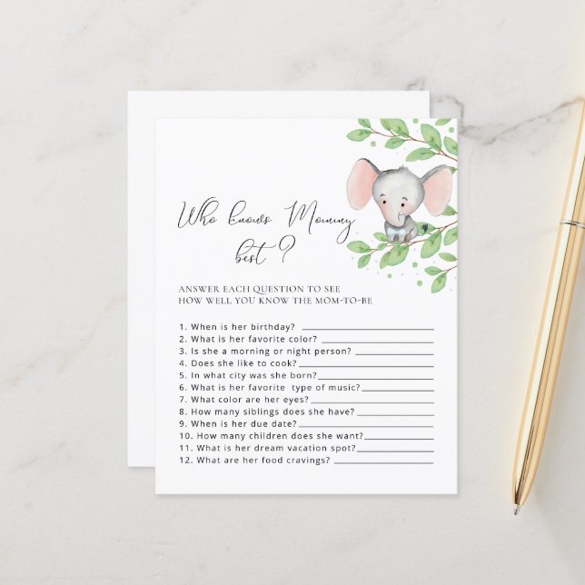 Who Knows Mommy Best Elephant Baby Shower Game (Front/Back In Situ)