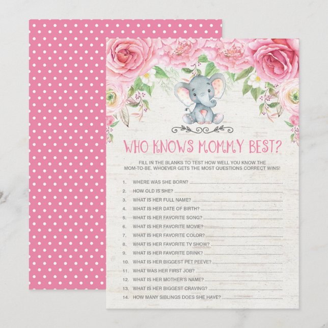 Who Knows Mommy Best Elephant Baby Shower Game Invitation (Front/Back)