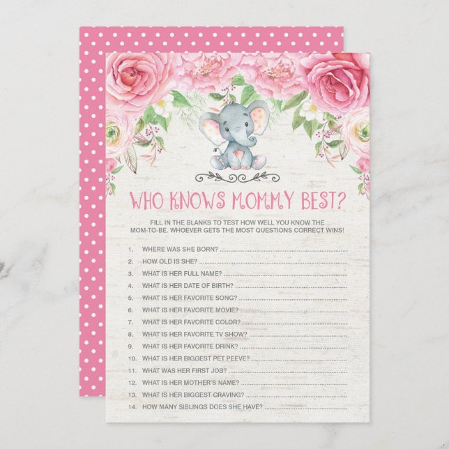 Who Knows Mommy Best Elephant Baby Shower Game Invitation (Front/Back)