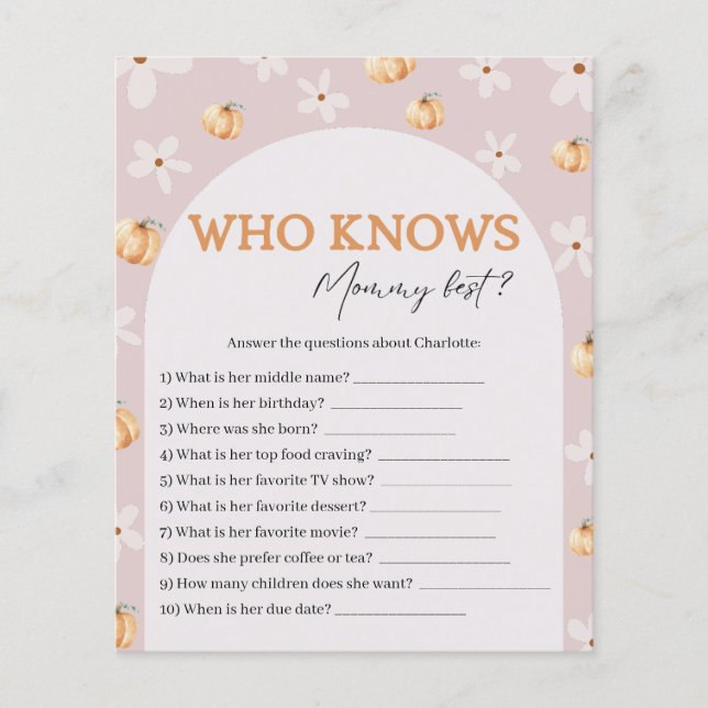 Who Knows Mommy Best Fall Baby Shower Game Card (Front)
