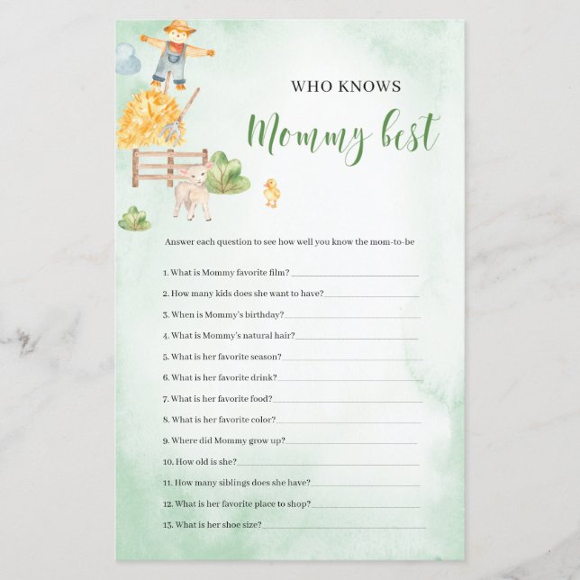 Who knows mommy best farm theme Baby Shower game (Front)