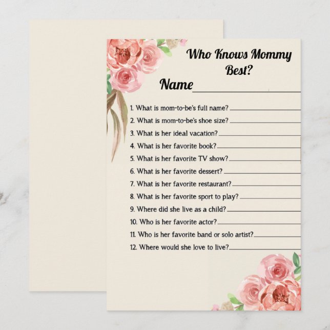 Who Knows Mommy Best Floral Baby Shower Game Card (Front/Back)