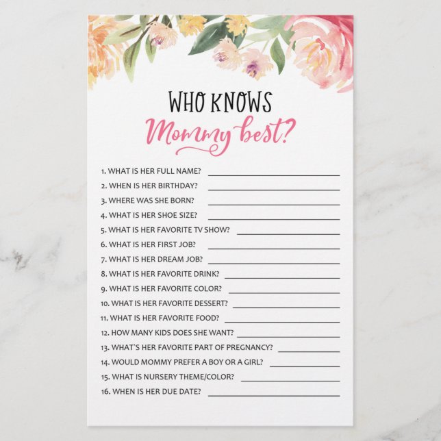 Who knows mommy best? Game Baby Shower Party game (Front)