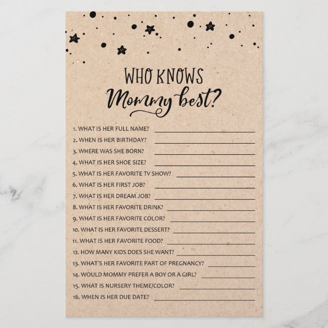Who knows mommy best? Game Baby Shower Party game (Front)