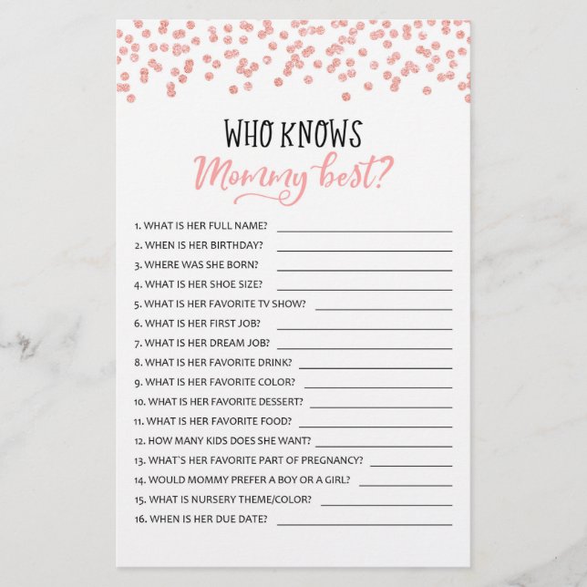 Who knows mommy best? Game Baby Shower Party game (Front)