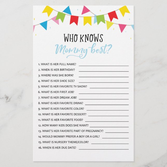 Who knows mommy best? Game Baby Shower Party game (Front)