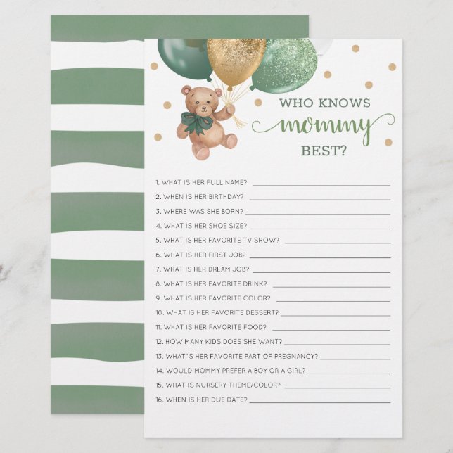 Who Knows Mommy Best Game Baby Shower Teddy Bear  (Front/Back)