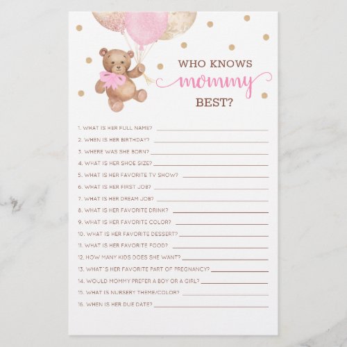Who Knows Mommy Best Game Baby Shower Teddy Bear