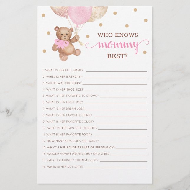 Who Knows Mommy Best Game Baby Shower Teddy Bear (Front)