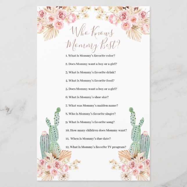 Who Knows Mommy Best Game Boho Cactus Paper Sheet (Front)