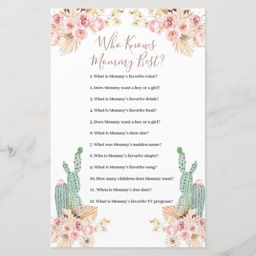 Who Knows Mommy Best Game Boho Cactus Paper Sheet