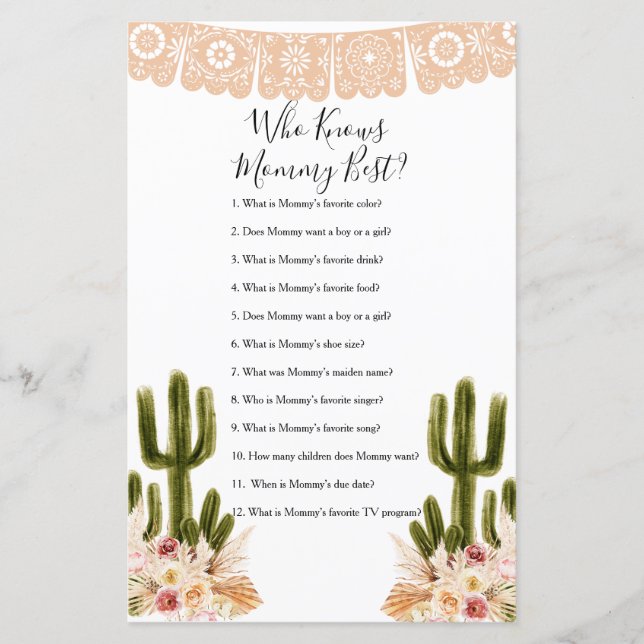 Who Knows Mommy Best Game Boho Cactus Paper Sheet (Front)