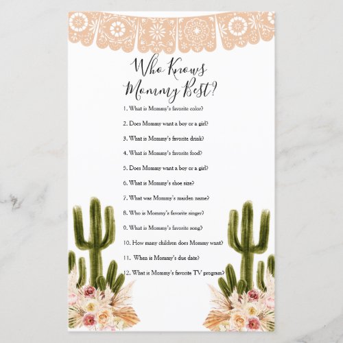 Who Knows Mommy Best Game Boho Cactus Paper Sheet